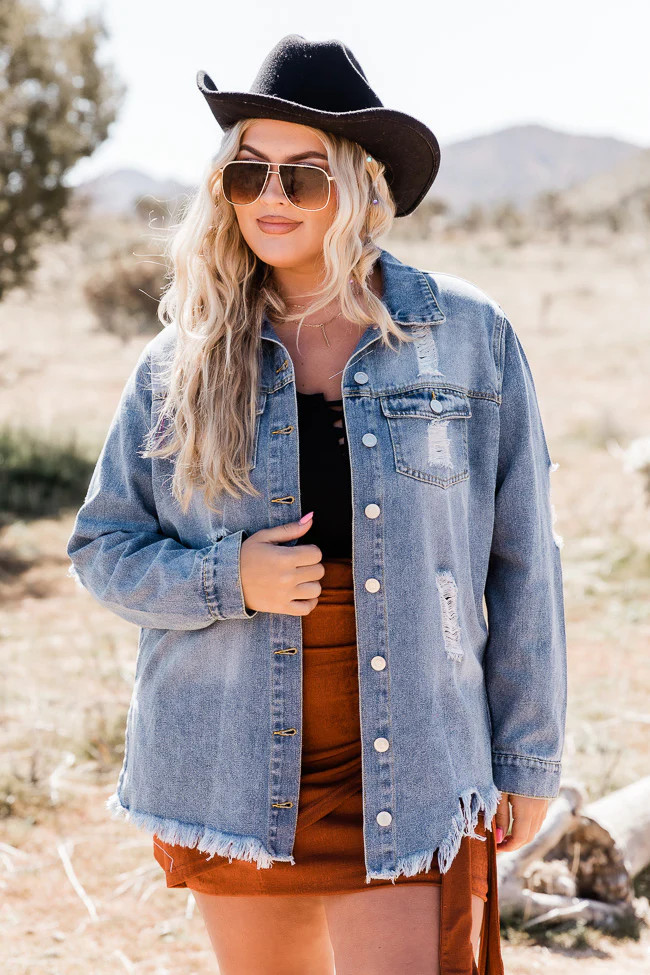 Wait Forever Distressed Raw Hem Oversized Denim Jacket | Pink Lily