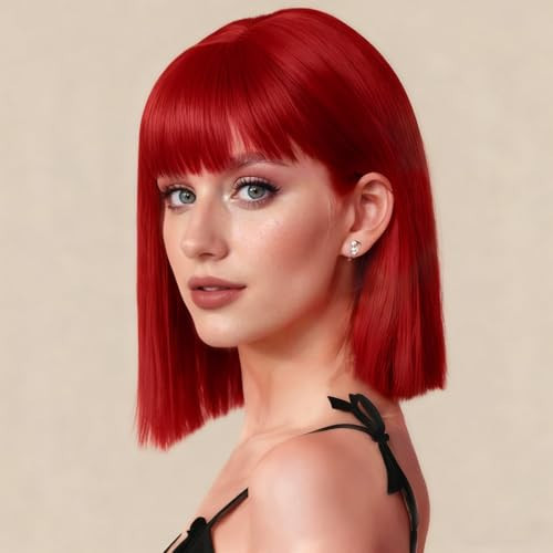 SUKRI Red Bob Wig with Bangs Short Red Wigs for Women Shoulder Length Wigs 12Inch Heat Resistant Synthetic Wig for Daily Party Cosplay | Amazon (US)