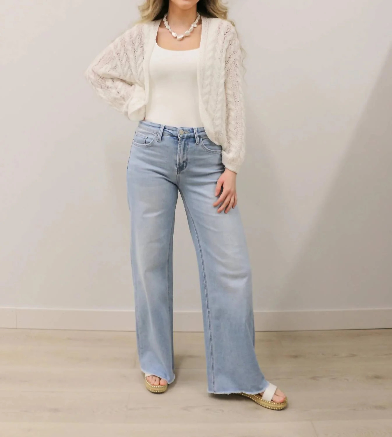 Judy Wide Leg Comfort Stretch Raw Hem Jeans In Light Wash | Shop Simon