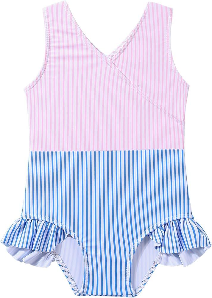Baby Girl Swimsuit Cute One Piece Bathing Suit with Sun Protection Ruffles Swimwear 2T-6T | Amazon (US)