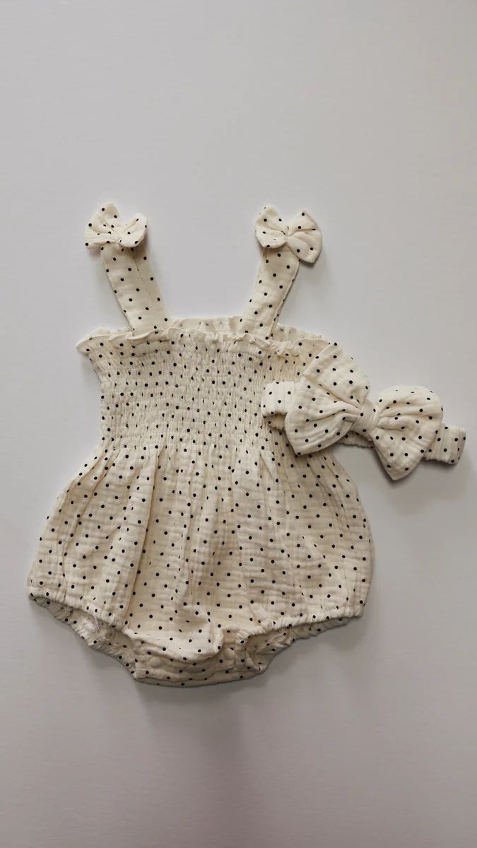 Ivory Black Polka Dots | Muslin Romper & Bow | Forever French