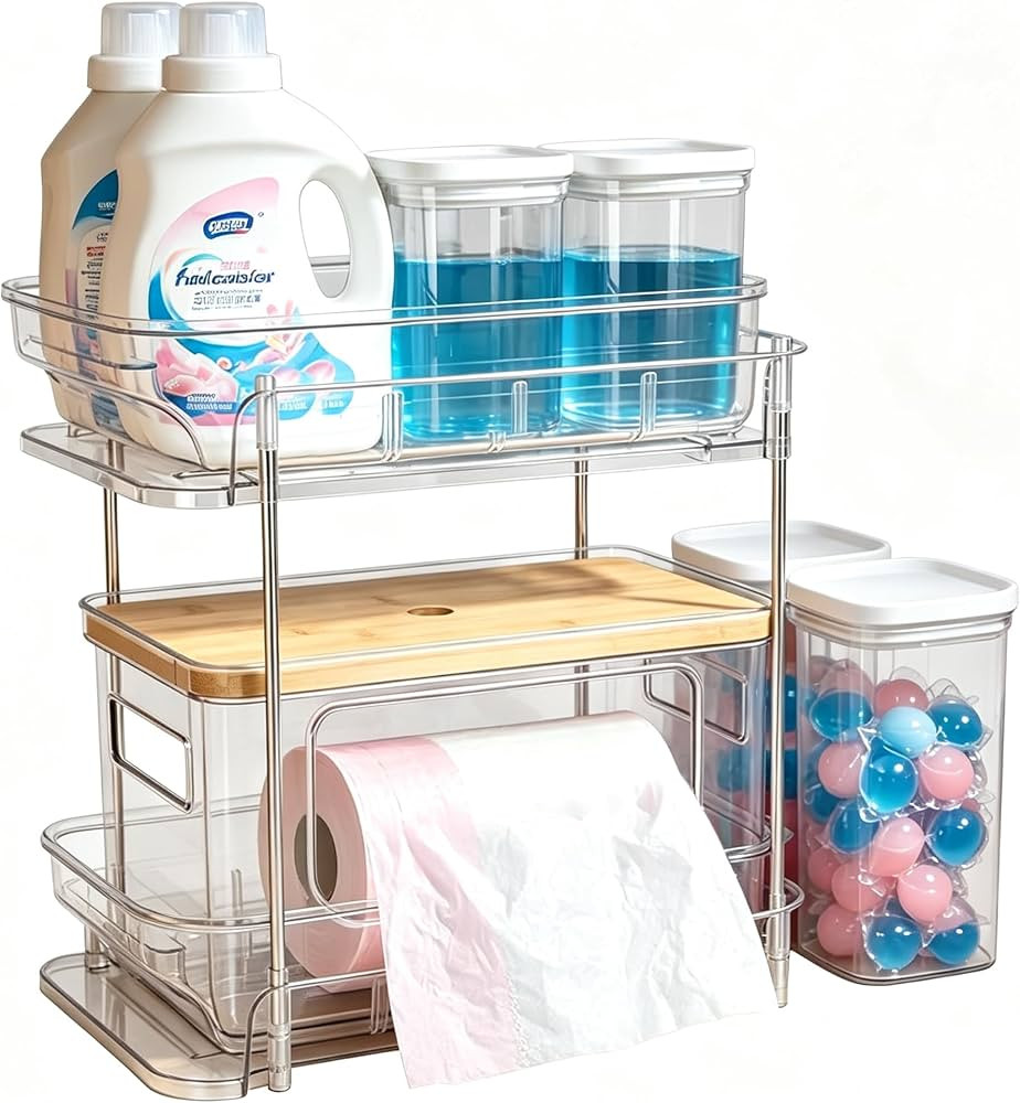 Trash Bag Holder with Bamboo Lid, Stackable Trash bag Dispenser with 2-tier Rack and 4 Plastic Bo... | Amazon (US)