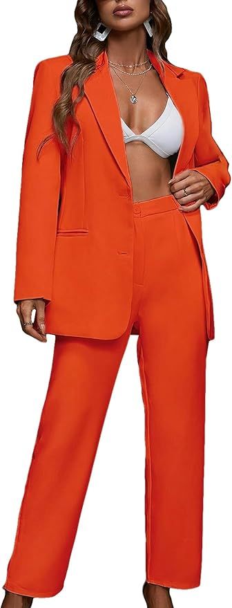 SweatyRocks Women's 2 Piece Outfits Solid Button Down Lapel Blazer Jacket with Pants Office Suit ... | Amazon (US)