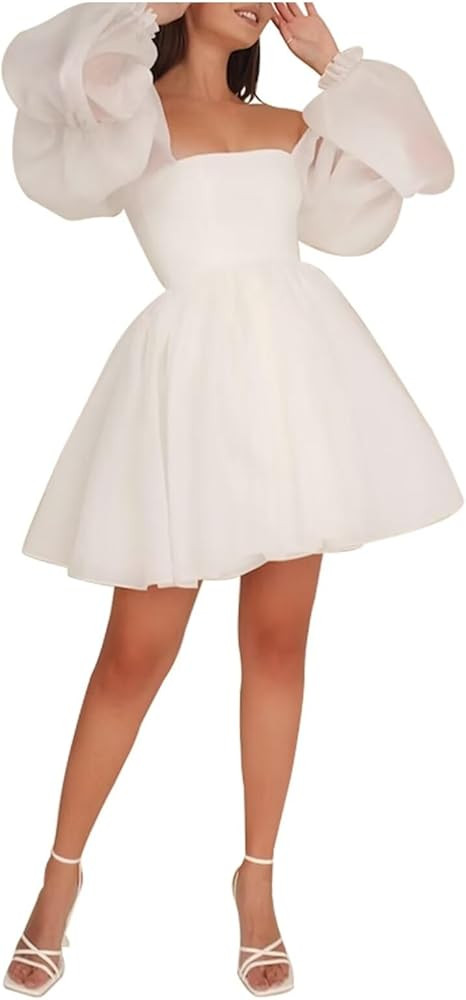 Women's Chiffon Short Long Sleeves Wedding Dresses for Bride Puffy Mini Formal Dress A Line Summe... | Amazon (US)