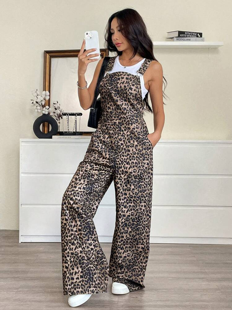 SHEIN EZwear Women's Leopard Print Wide Strap Pockets Casual Jumpsuit | SHEIN