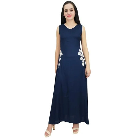 Bimba Women s Navy Blue Floral Embroidered Sleeveless Rayon Summer Maxi Dress-14 | Walmart (US)
