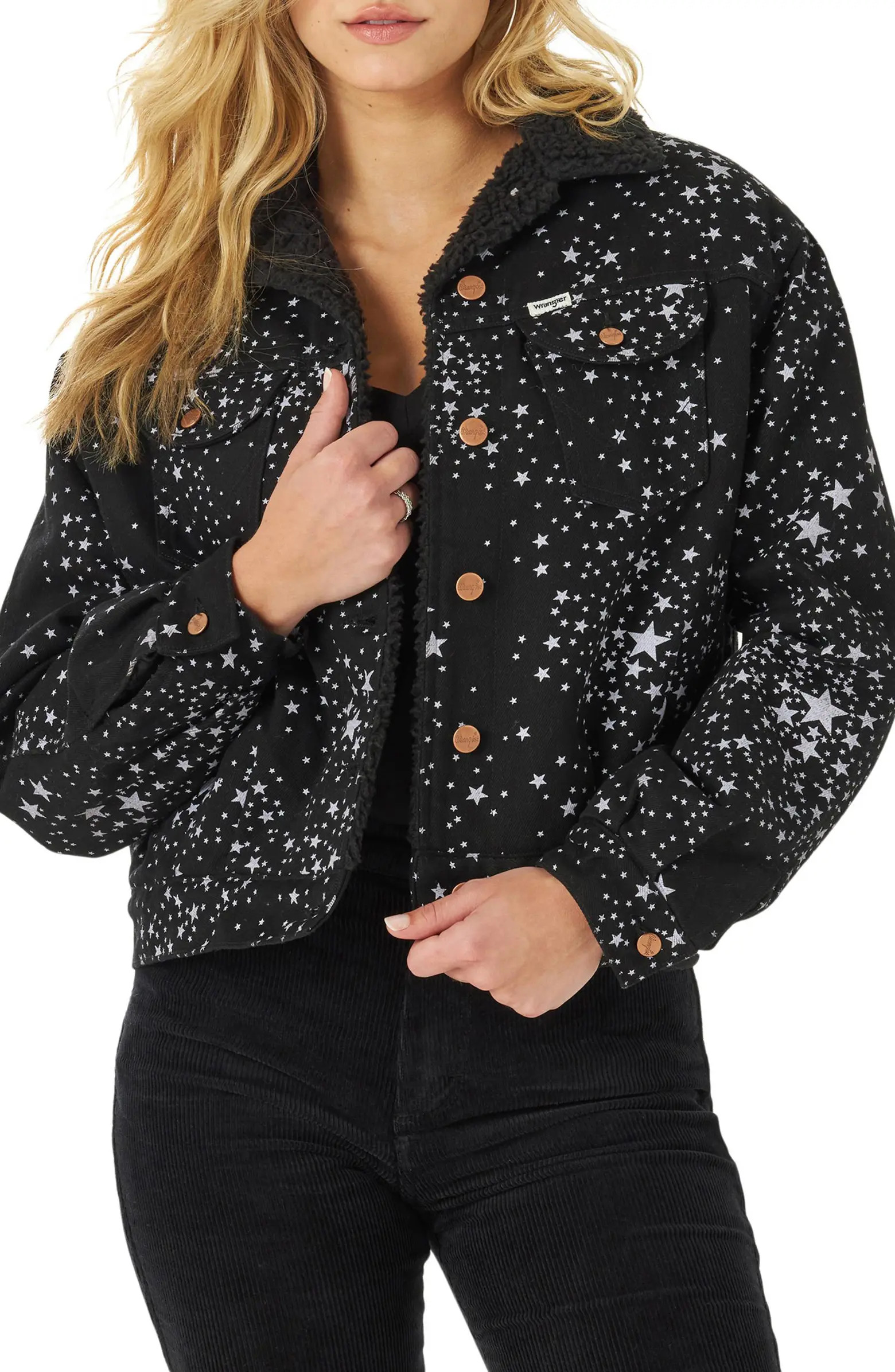 Fleece Lined Star Print Cotton Denim Utility Jacket | Nordstrom