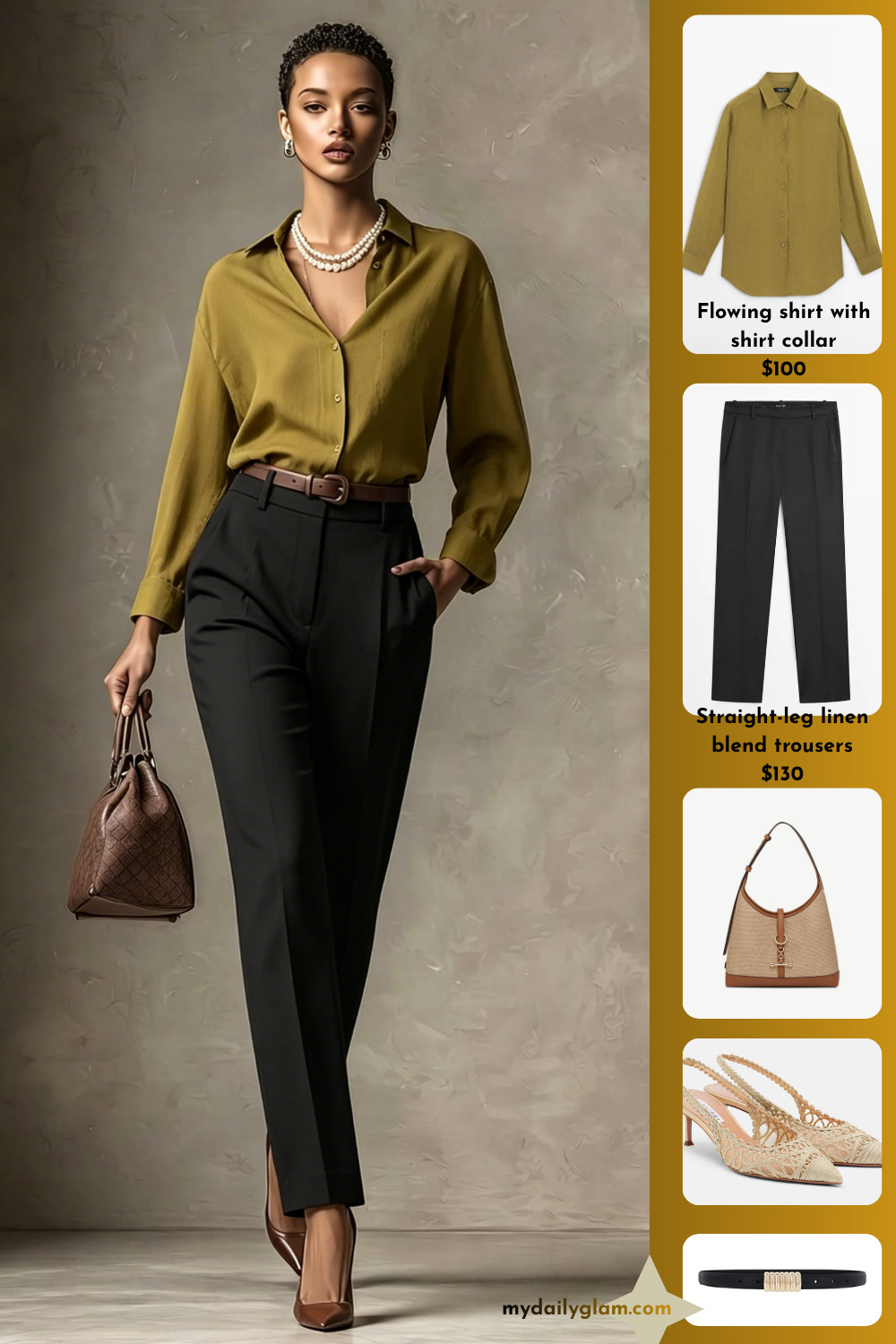 Olive Green Fluid Long Sleeve Silk Shirt & Black High Waist Pleated Cropped Trousers Quiet Luxury Corporate Office Outfit

#QuietLuxuryStyle #OfficeWorkwear #SilkShirtOutfit 

 #LTKootd #LTKSeasonal #LTKOver40