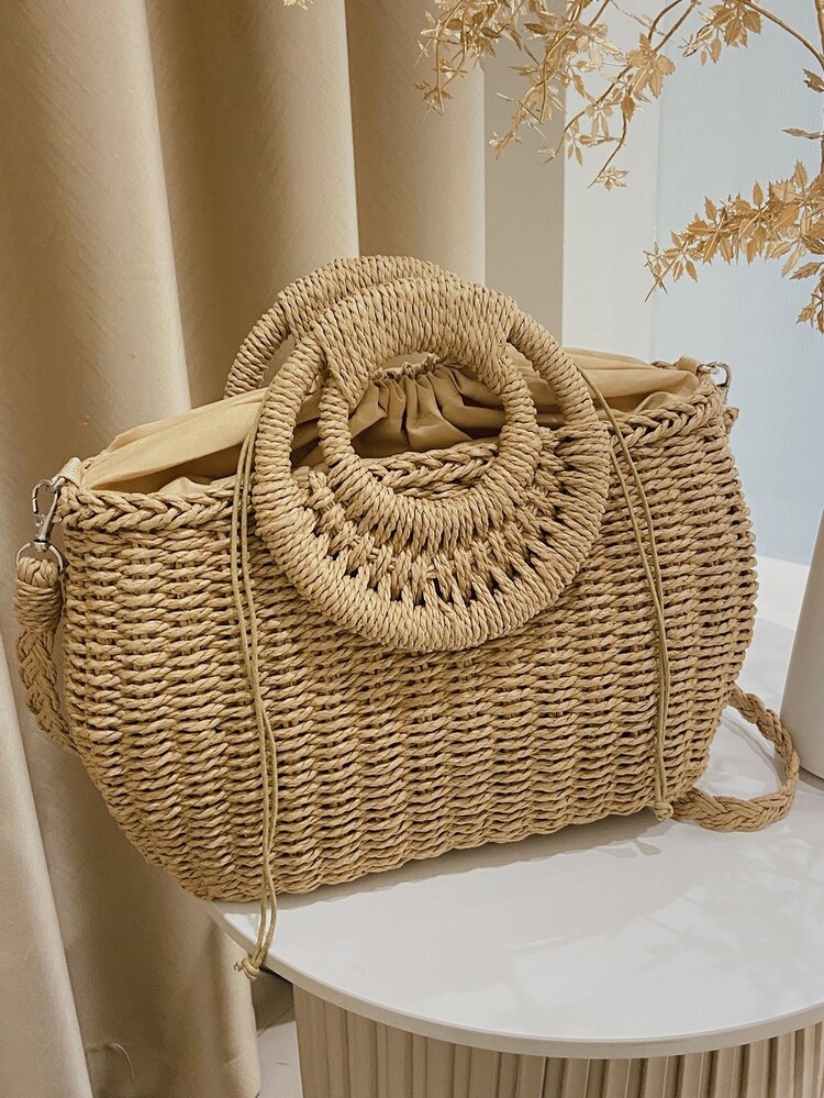 Drawstring Design Double Handle Straw Bag | SHEIN