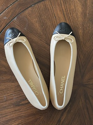 size 38EU NIB CHANEL Beige Lambskin Cap Toe Ballerina Flats w/ receipt | eBay US