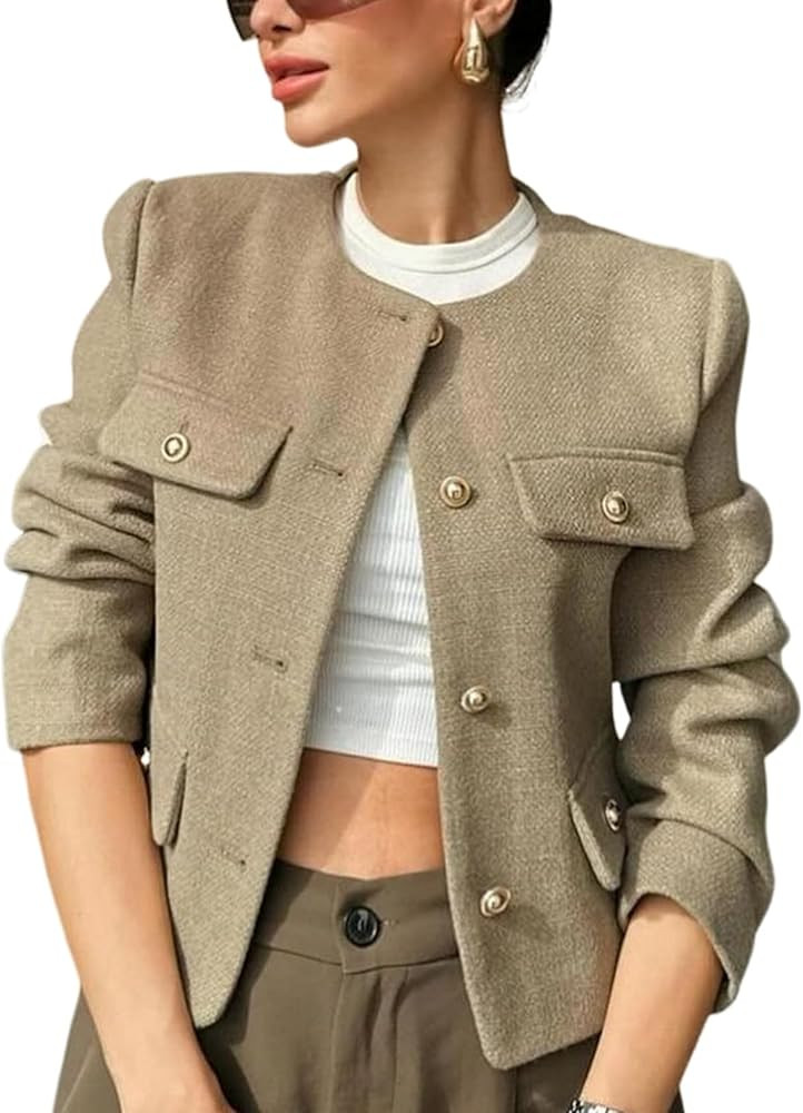 Women’s Cropped Tweed Blazers Jacket Collarless Long Sleeve Business Button Down Casual Cardiga... | Amazon (US)