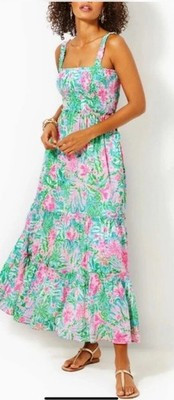 Lilly Pulitzer Hadley Smocked Dress Amalfi Blue Leaf It Wild Beach Resort Size S | eBay US