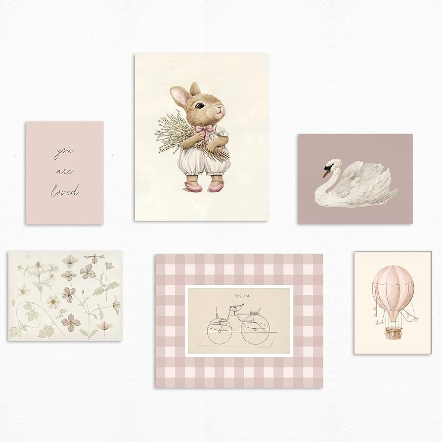 Neejaold Set of 6 Pink Nursery Canvas Wall Art, Vintage Baby Girls Bedroom Room Poster, Antique A... | Amazon (US)