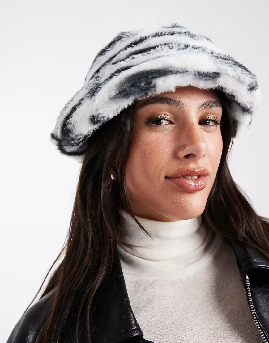 Pieces faux fur bucket hat in zebra print-Multi | ASOS (Global)