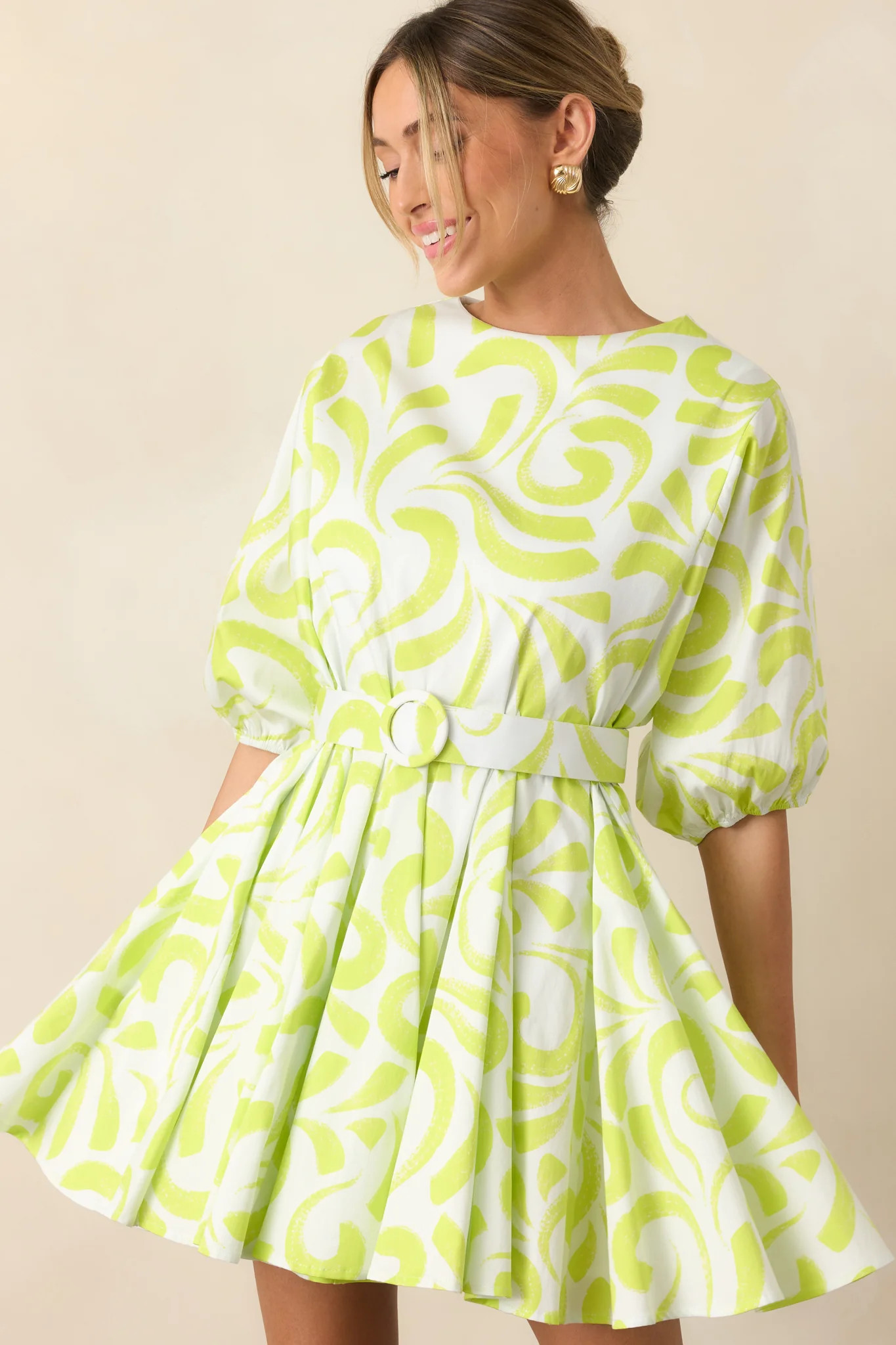 Prosperina Fallon Multi Print Chartreuse Cotton Swing Dress | Red Dress