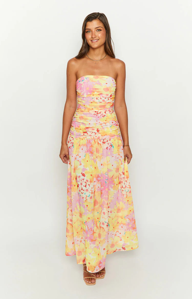 Sinclair Yellow Floral Print Strapless Maxi Dress | Beginning Boutique (US)