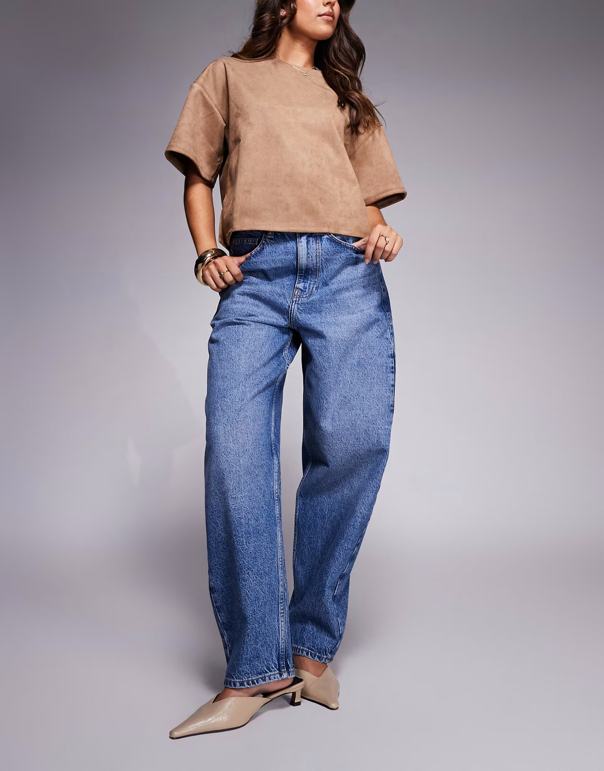 ASOS DESIGN high waist slim barrel jean with crease front in dark mid blue | ASOS (Global)