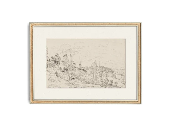 Antique sketch of  a french countryside, Vintage landscape art print, Printable wall art | Etsy (US)