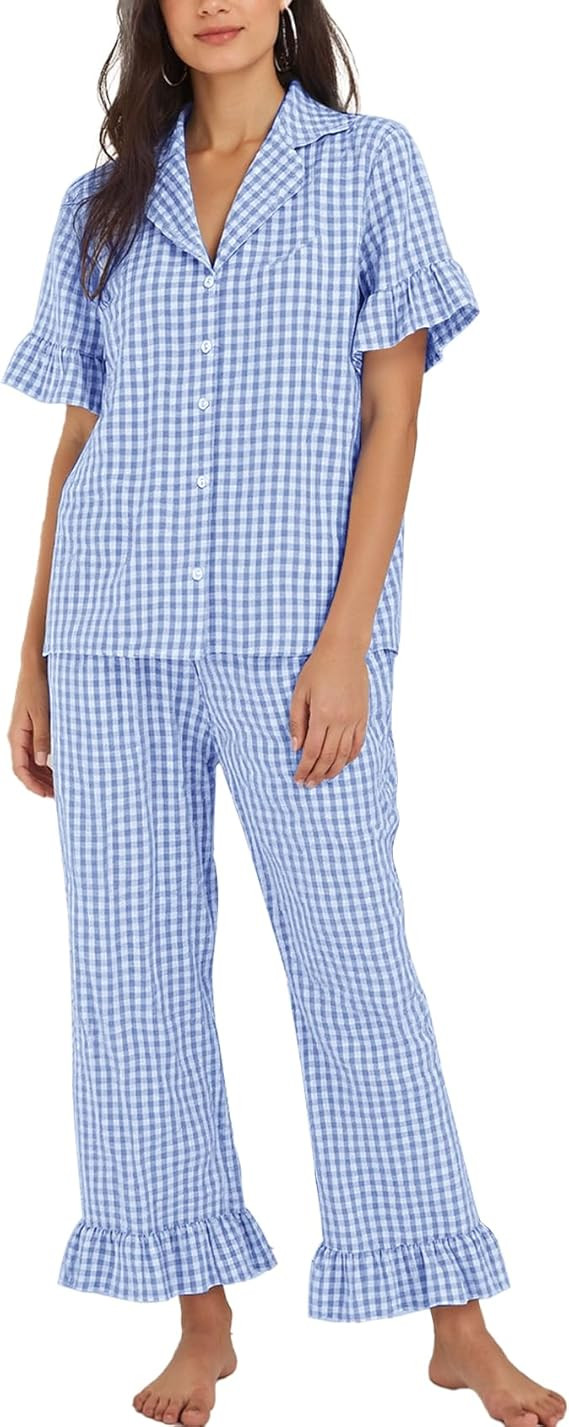 Flygo Womens Plaid Pajamas Sets 2 Piece Cotton Pj Set Ruffled Sleeve Button Down Shirt Gingham Pa... | Amazon (US)