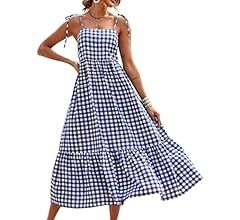 PRETTYGARDEN Summer Dress for Women Plaid Spaghetti Strap Square Neck Tiered Ruffle Flowy Maxi Dr... | Amazon (US)