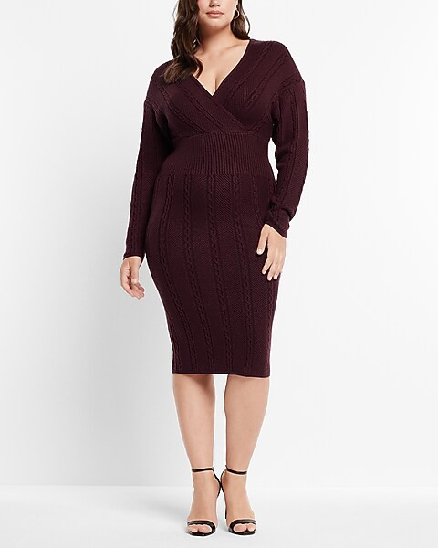 Cable Knit V-neck Long Sleeve Midi Sheath Sweater Dress | Express