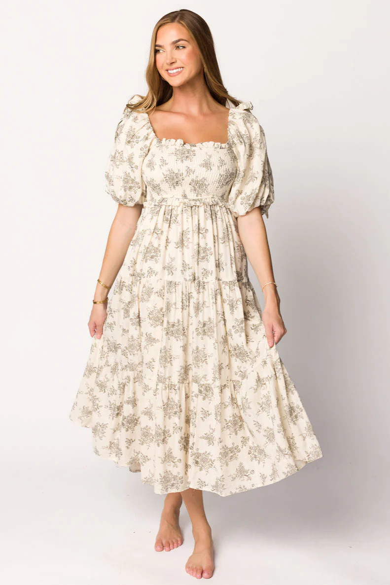 Elena Toile Print Smocked Midi Dress in Ivory - Bump Friendly | Worth Collective