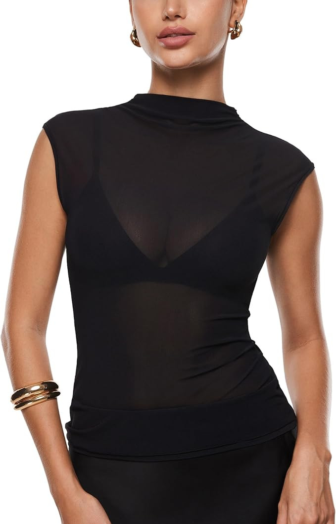 INLYRIC Women's Cosnufy Mesh Sheer Mock Turtle Neck Tank Tops See Through Sleeveless Sexy Summer ... | Amazon (US)