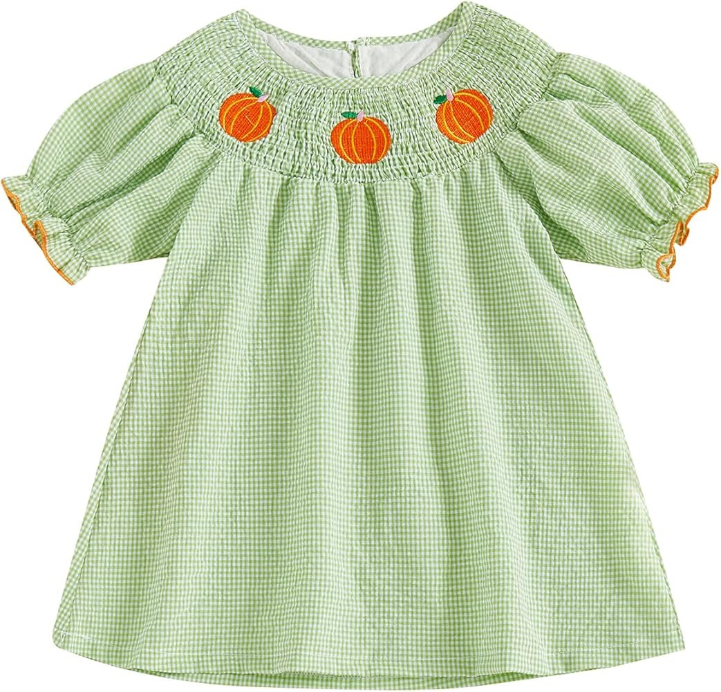 Toddler Girl Halloween Smocked Dress Pumpkin Embroidery Plaid Princess Dresses Holiday Cake Smash... | Amazon (US)