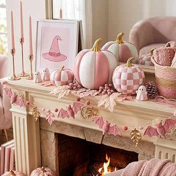 Lineshading 4 Pcs Large Fall Pink Pumpkin, Resin Checkered Halloween Decor | Amazon (US)