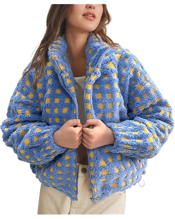 Womens Checkered Sherpa Jacket Cropped Long Sleeve Plaid Fleece Coats Casual Zip Up Gingham Outwe... | Amazon (US)