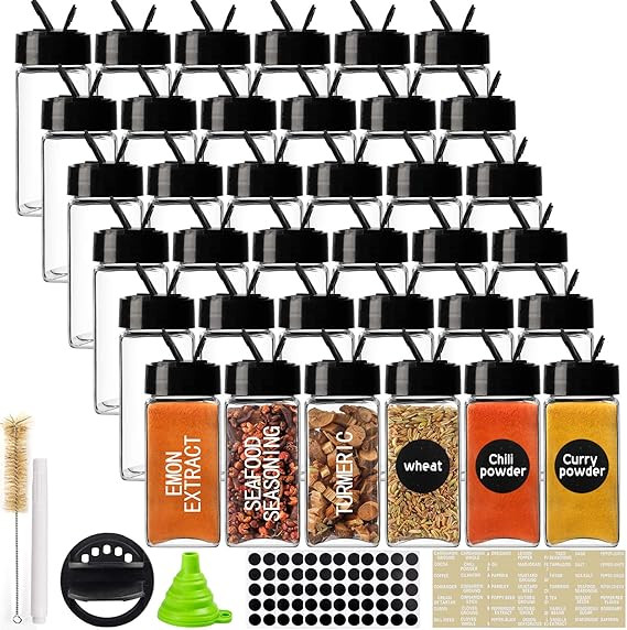 CUCUMI 36pcs 4oz Glass Spice Jars Square Glass Bottles with Black Caps, 1pcs Silicone Collapsible... | Amazon (US)