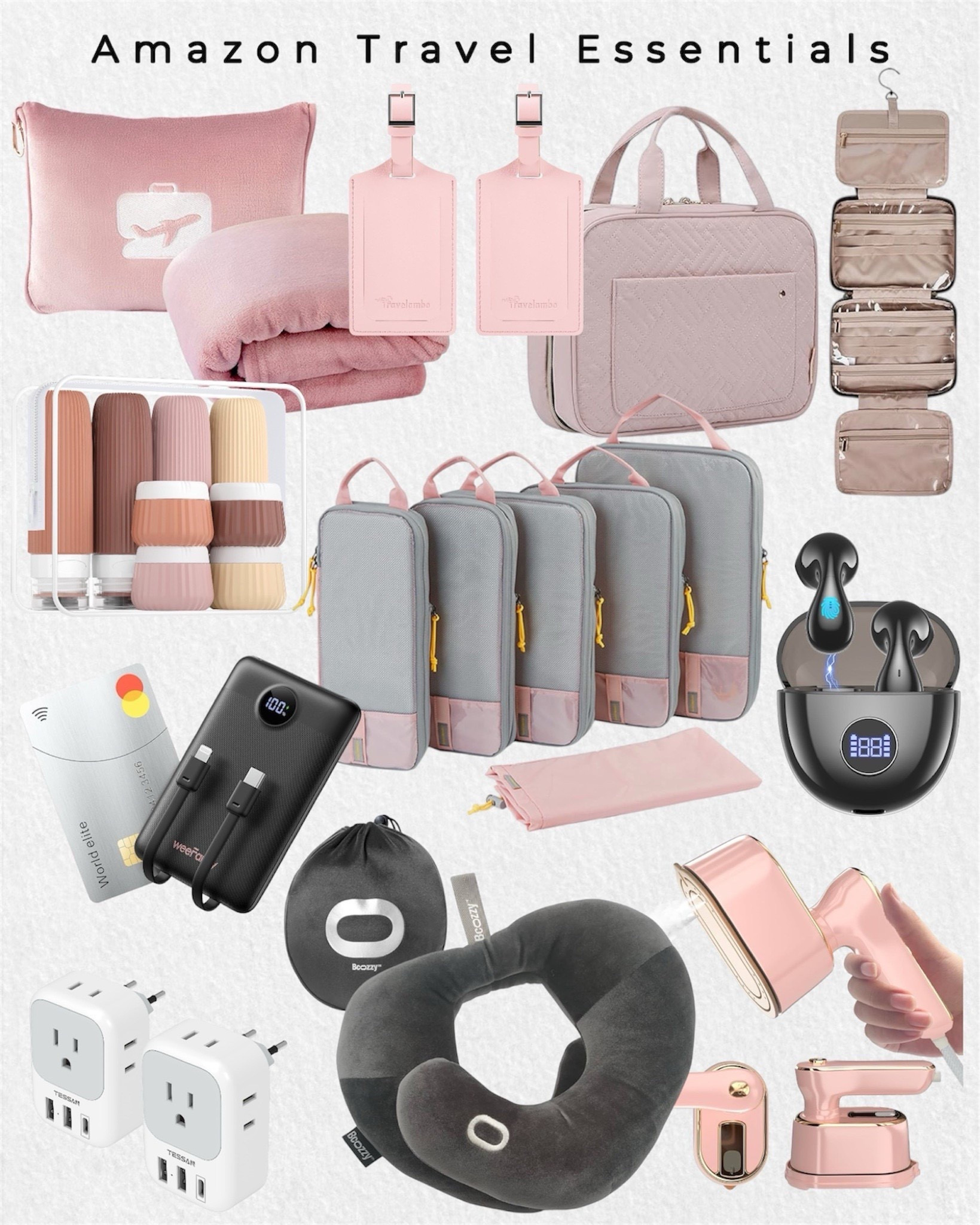 Amazon Travel essentials: AI language translation earbuds, mini portable charger, travel blanket, travel pillow, portable steamer, European plug adapter, compression packing bags, travel cosmetic bag, travel bottles, luggage tags.




Flight essentials, toiletry bag, travel pills organizer, travel containers #LTKFindsUnder50

#LTKSeasonal #LTKTravel #LTKHome #LTKSaleAlert