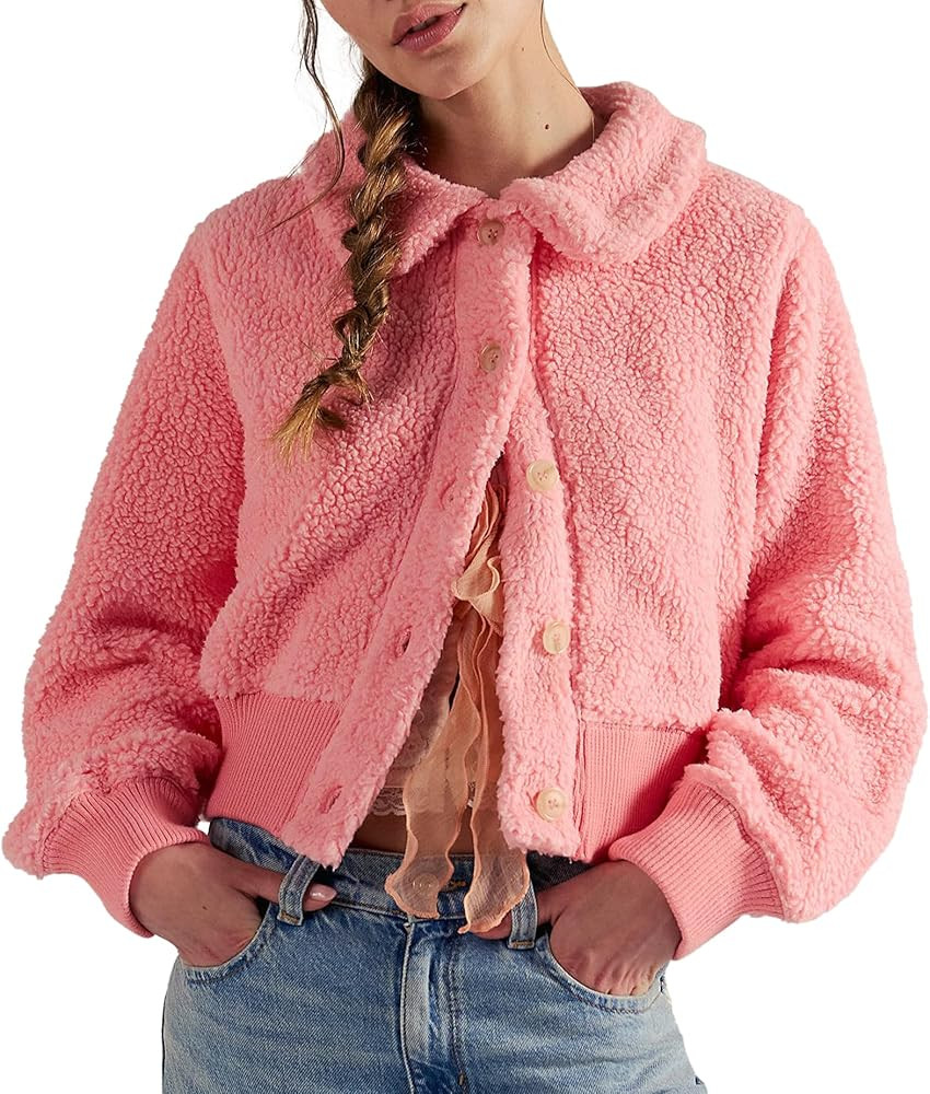 Women Fuzzy Fleece Jacket Long Sleeve Lapel Button Down Cropped Faux Sherpa Cardi Fall Winter War... | Amazon (US)
