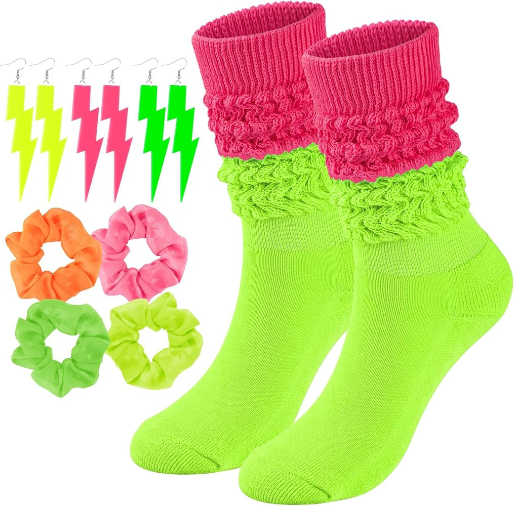 Neon Slouch Socks for Women, 80s 90s Scrunch Knee High Socks | Amazon (US)