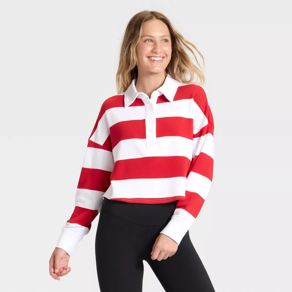 Women's Game Day Striped Cropped Long Sleeve Polo T-Shirt - JoyLab™ | Target