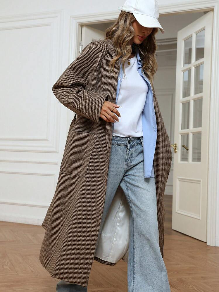 Aveloria New Autumn Winter French Elegant Houndstooth Lapel Cinched Waist Waist Pockets Jacket  | SHEIN