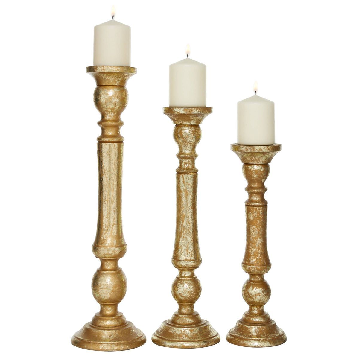 Set of 3 Traditional Metal/Wood Turned Column Candle Holders Gold - Olivia & May | Target