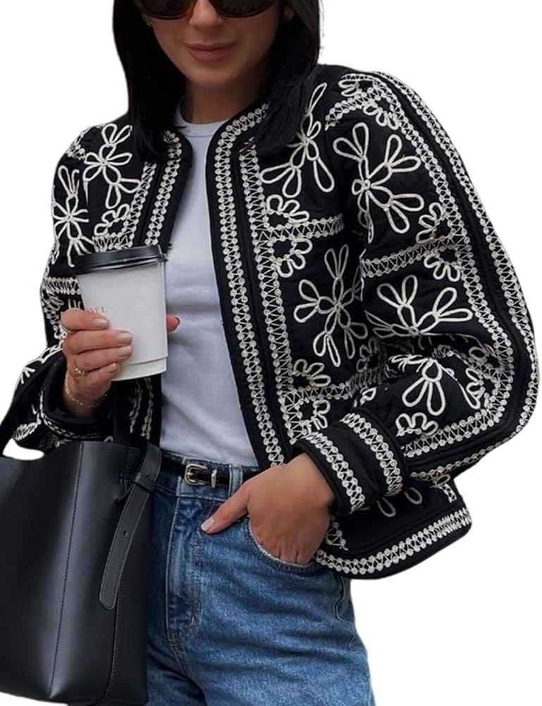 Women's Cropped Quilted Jacket Floral Print Puffer Jackets Lightweight Long Sleeve Warm Puffy Car... | Amazon (US)