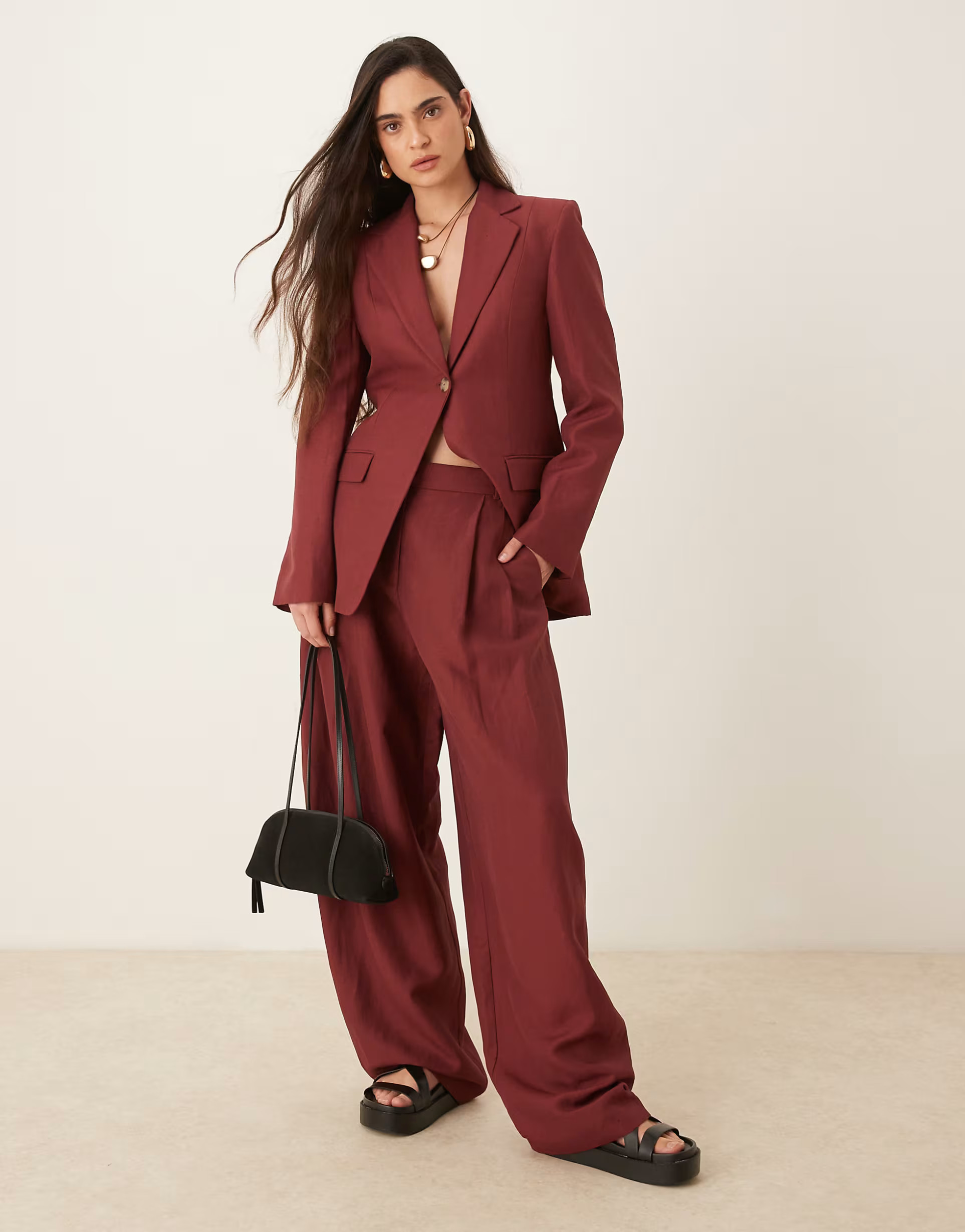 Mango capsule linen mix wide leg trouser co-ord in wine | ASOS (Global)