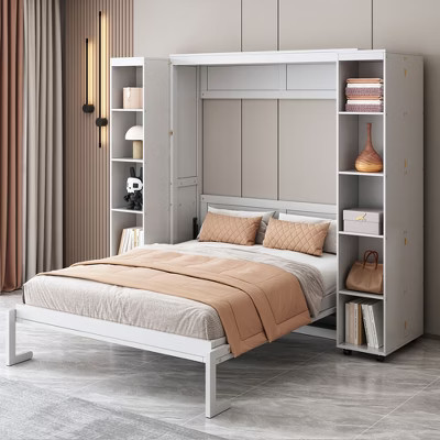 ModernLuxe Queen Size Murphy Bed Wall Bed Frame, Wooden Storage Cabinet Bed with Storage Shelves and Doors, White | Target