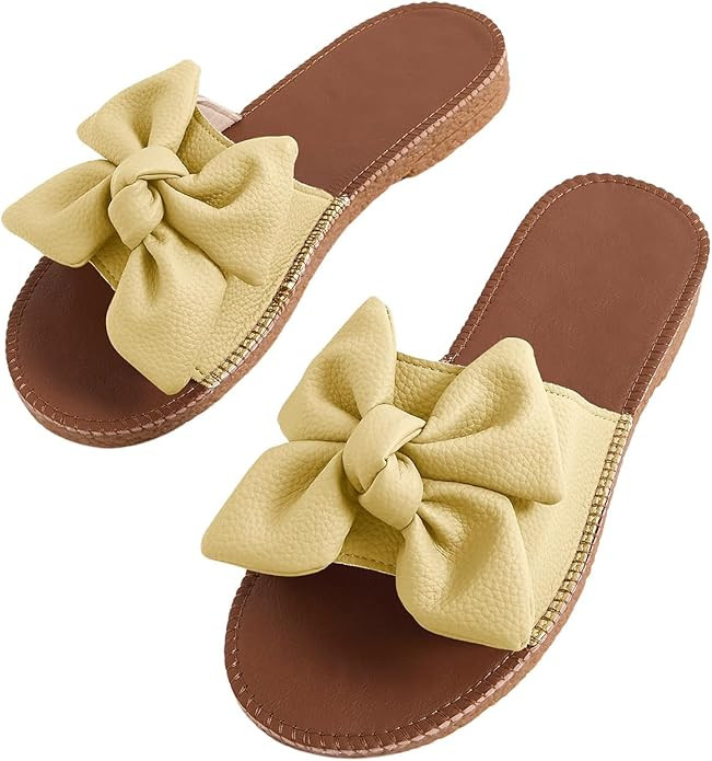 Verdusa Women's Bow Flat Sandals Leather Open Toe Flats Summer Vacation Shoes Beach Sandals Outdo... | Amazon (US)
