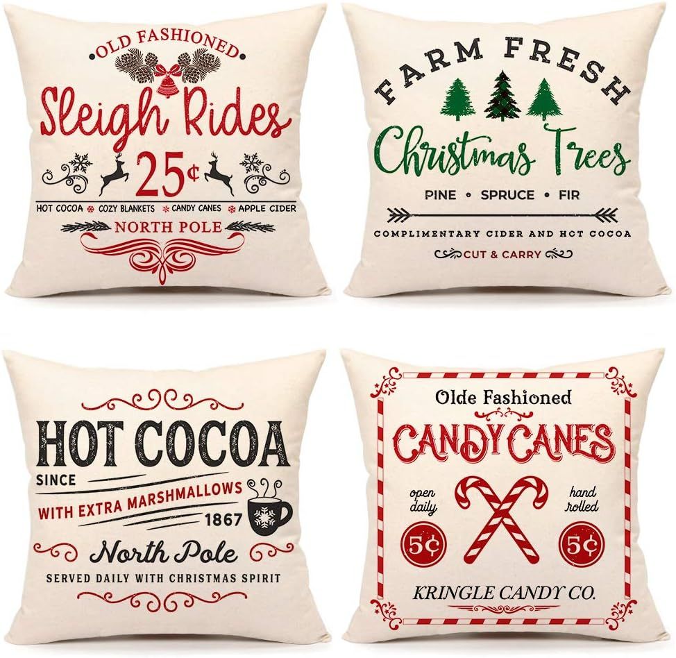 4TH Emotion Farmhouse Christmas Pillow Covers 18x18 Set of 4 Winter Holiday Decorations Xmas Rust... | Amazon (US)