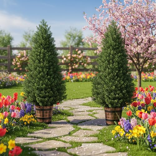 VINCONLIDY Set of 2 Artificial Cedar Topiary Trees - 4FT Faux Pine Shrubs with Barrel Planter, Fake Cypress Evergreen Plants for Home Office Front Door Porch Decor | Amazon (US)