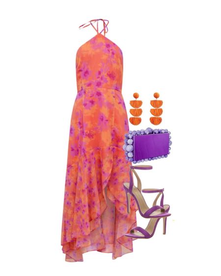 Floral ruffle detail halter neck midi dress, purple clutch, orange earrings & purple heels.
Wedding guest dress, occasion dress, sandals, summer dress.

#LTKparties #LTKwedding #LTKstyletip