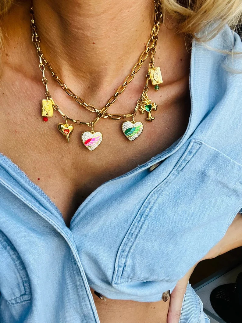 Gold stainless steel chain with pendants,goldplated hearts, love charm necklaces, gold charms, bi... | Etsy (US)