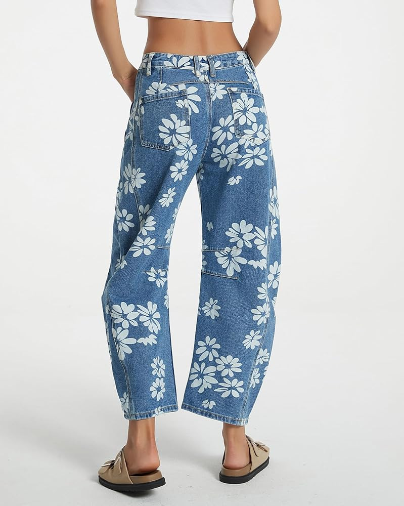 Kedera Women's Baggy Barrel Jeans Wide Leg Mid Rise Y2K Boyfriend Jeans Casual Floral Printed Ank... | Amazon (US)