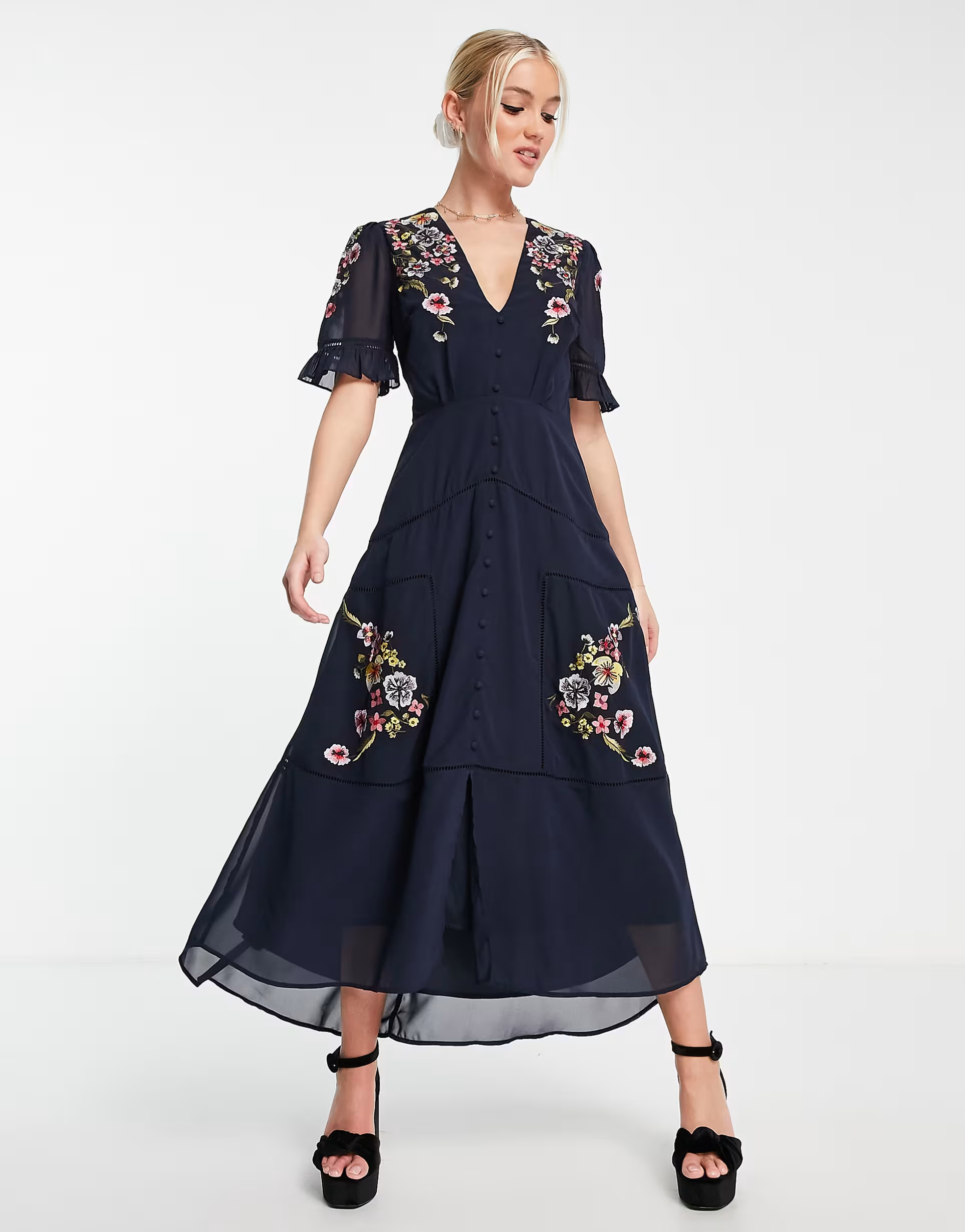 Hope & Ivy Claudine embroidered dress in navy | ASOS (Global)