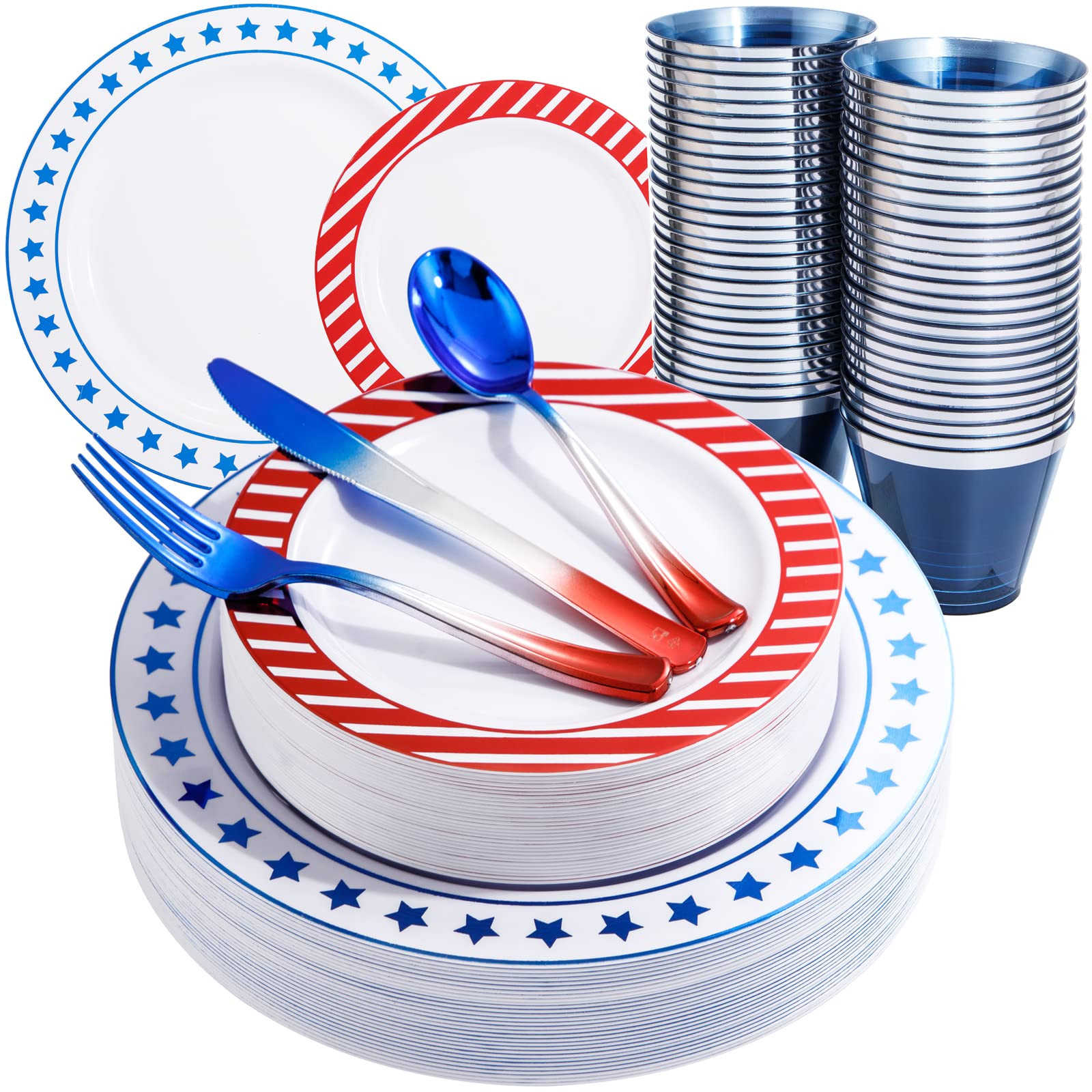 LIYH 180 Pcs 4th of July Plastic Plates - Red White Blue Plastic Silverware & Independence Day Pl... | Amazon (US)