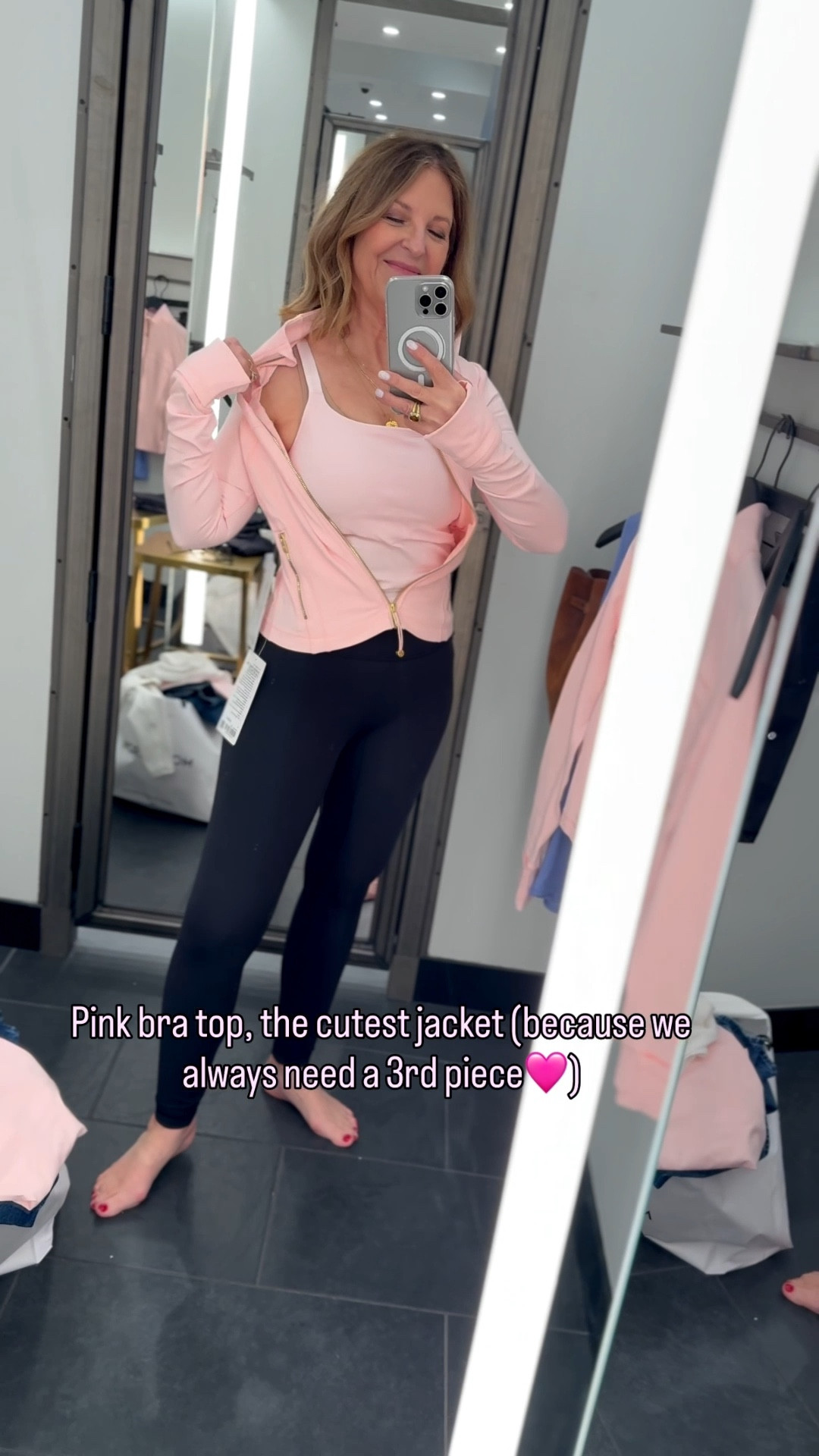 Found the cutest pink top, jacket, & headbands, plus great-fitting Align leggings from Lululemon. 
I'm wearing them to yoga and taking them on a yoga retreat. 

I'm wearing 
Jacket - runs trim, I'm wearing a size 6
Top runs slim - I'm wearing a size 8 ( the 6 fit well, but I wanted it looser)
Leggings run tts- I'm wearing a size 2

Not pictured- cardigan fits tts - I'm wearing a 4 and bike shorts - I'm wearing a 6” length size 4.