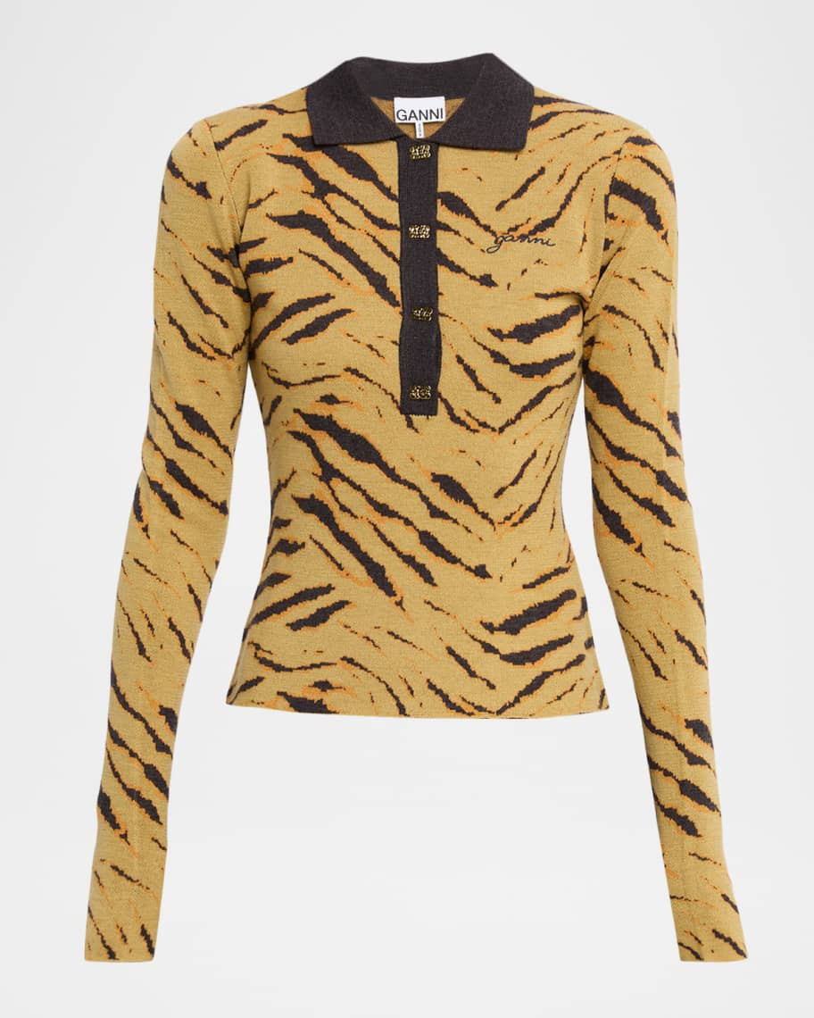 Fine Merino Jacquard Tiger Polo Sweater | Neiman Marcus